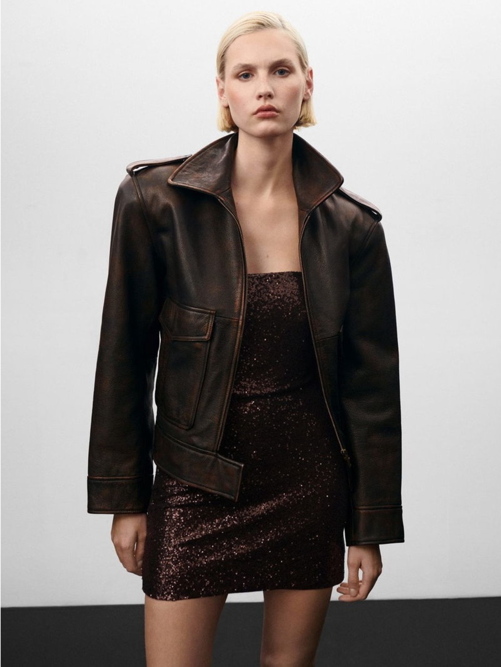 MANGO X JEN CEBALLOS Distressed Brown Leather Bomber Jacket